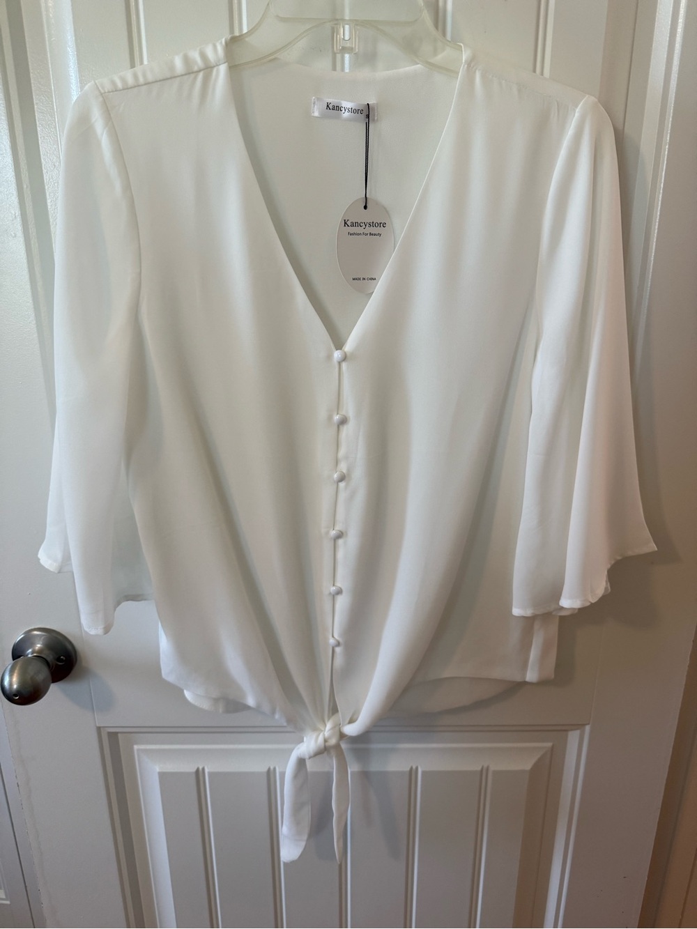White V-Neck Tie-Front Blouse with Covered Buttons